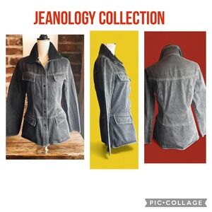 Jeanology Collection Black/Gray Denim Jacket with White Stitching Women's Size 8